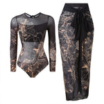S - XXL Printed Long Sleeve With Sarong One Piece Swimsuit Women Swimwear Female Flowers Padded Bather Bathing Suit Swim K7181