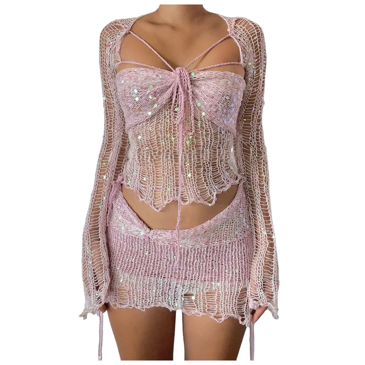 Glitter Sequins Knitted Skirt Sets Women Fashion Hollow Sequins Bandage Tube Top Mini Skirts 3 Piece Outfit Vacation Clothing