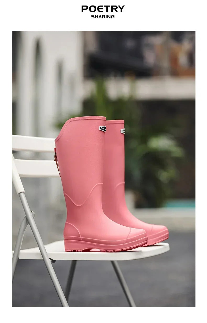 Women's Rain Boots Anti Slip Thick Soles Outdoor Long Tube Rain Boots Waterproof Fashion Wear-resistant Kitchen Women's Boots