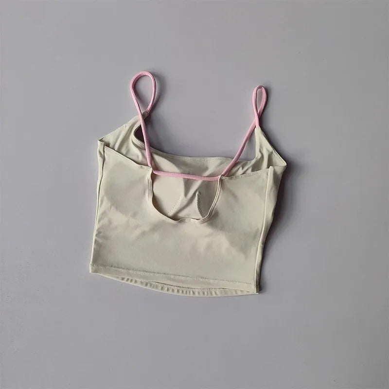 Women's Sexy Backless Yoga Sports Vest Fixed One-Piece Cup Contrast Suspender Beautiful Back Fitness Bra for Active Wear