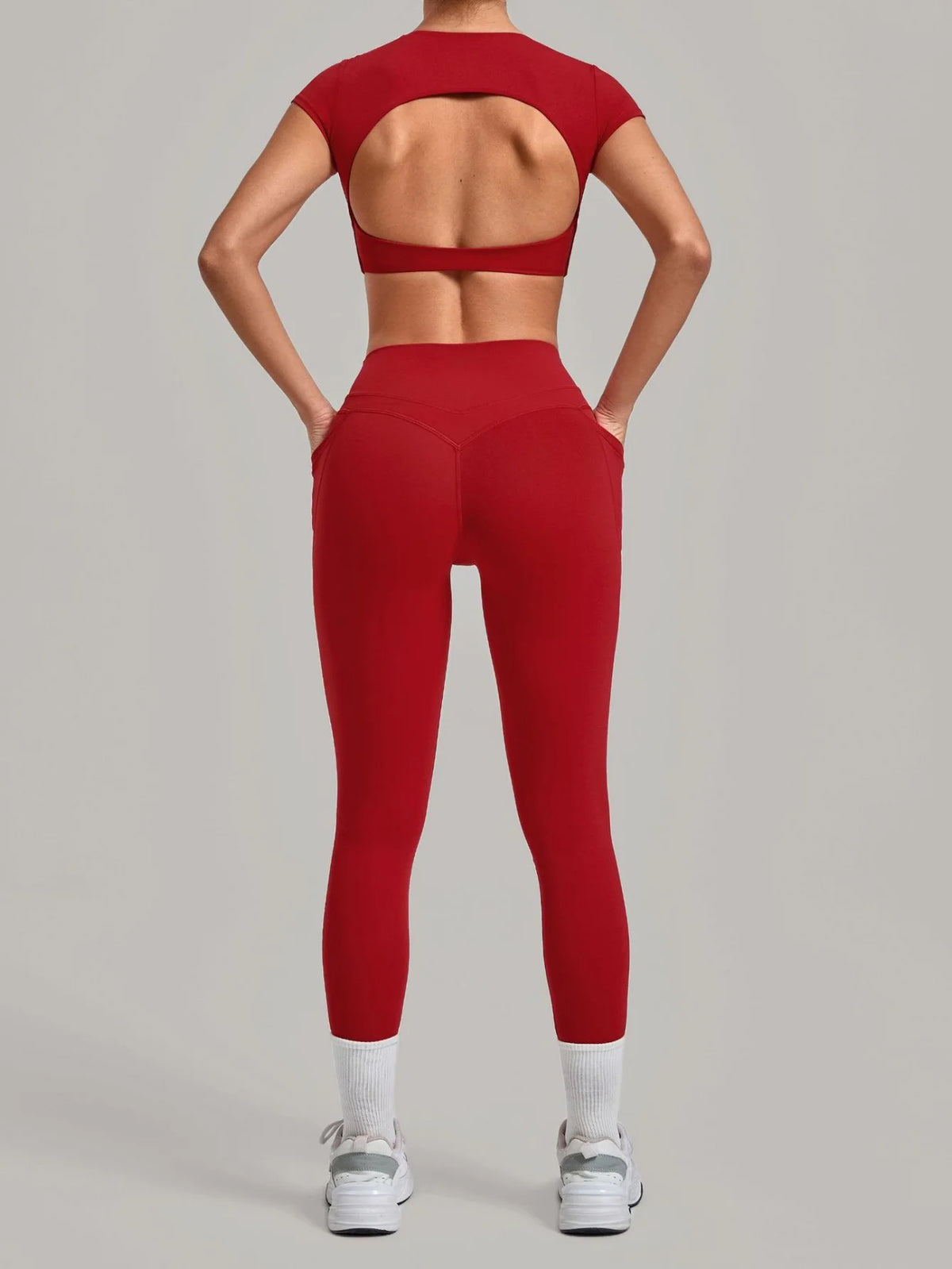 Yoga Set Women's Tracksuit Short Sleeve Back Hollow Out Sports Top Athletic Wear Tight High Waist Pocket Leggings Fitness Suits