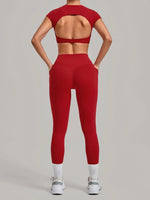Yoga Set Women's Tracksuit Short Sleeve Back Hollow Out Sports Top Athletic Wear Tight High Waist Pocket Leggings Fitness Suits