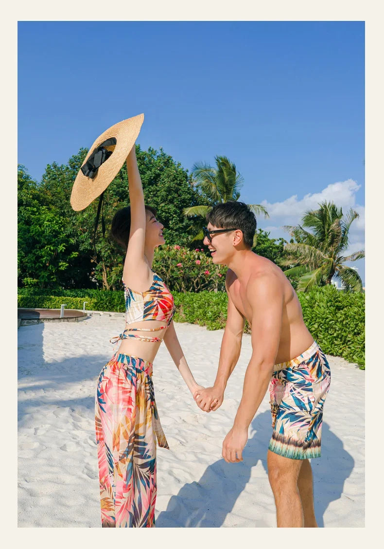 Print High Waist High Neck Swimsuit 3 Pcs Bikini Set Women Men's Swim Shorts Summer Surfing Suit Couples Bathing Suit Holiday