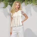 Women's Summer Solid Color Lace Short Sleeve Tops Doll Collar Button Down Ruffled Loose T-shirts