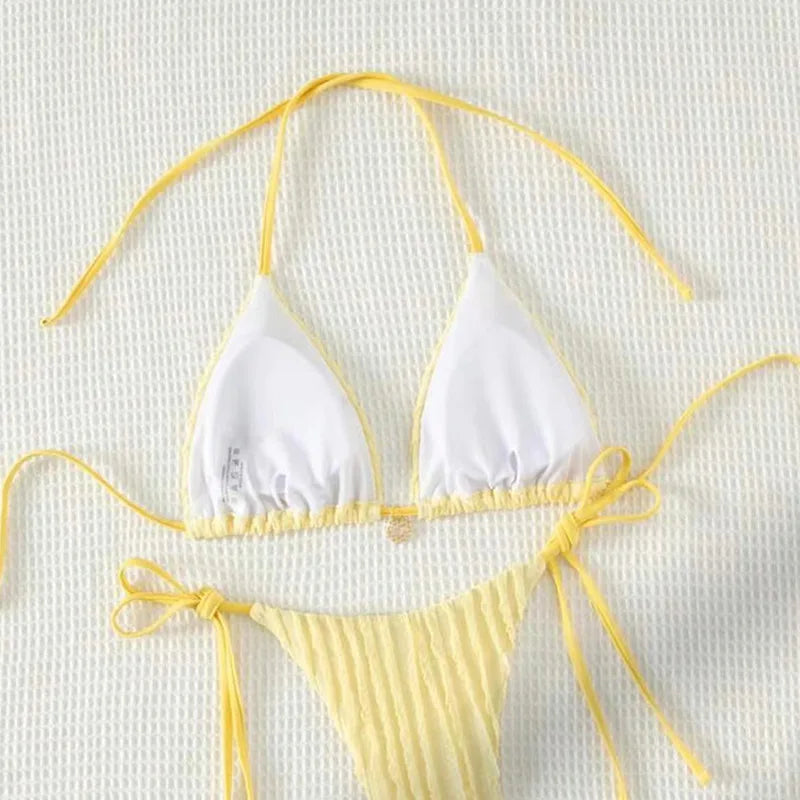 Sexy White Bikini 2025 Women Halter Lace Push Up Metal Designer Micro Swimsuit Brazilian Bathing Suit Tie Side Thong Swimwear