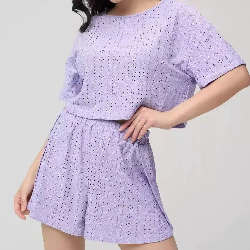 New Women's Pajama Set Women's Short Sleeve Shorts Hollow Breathable Printed Summer Sexy Fashion Two Piece Pajama Home Clothes
