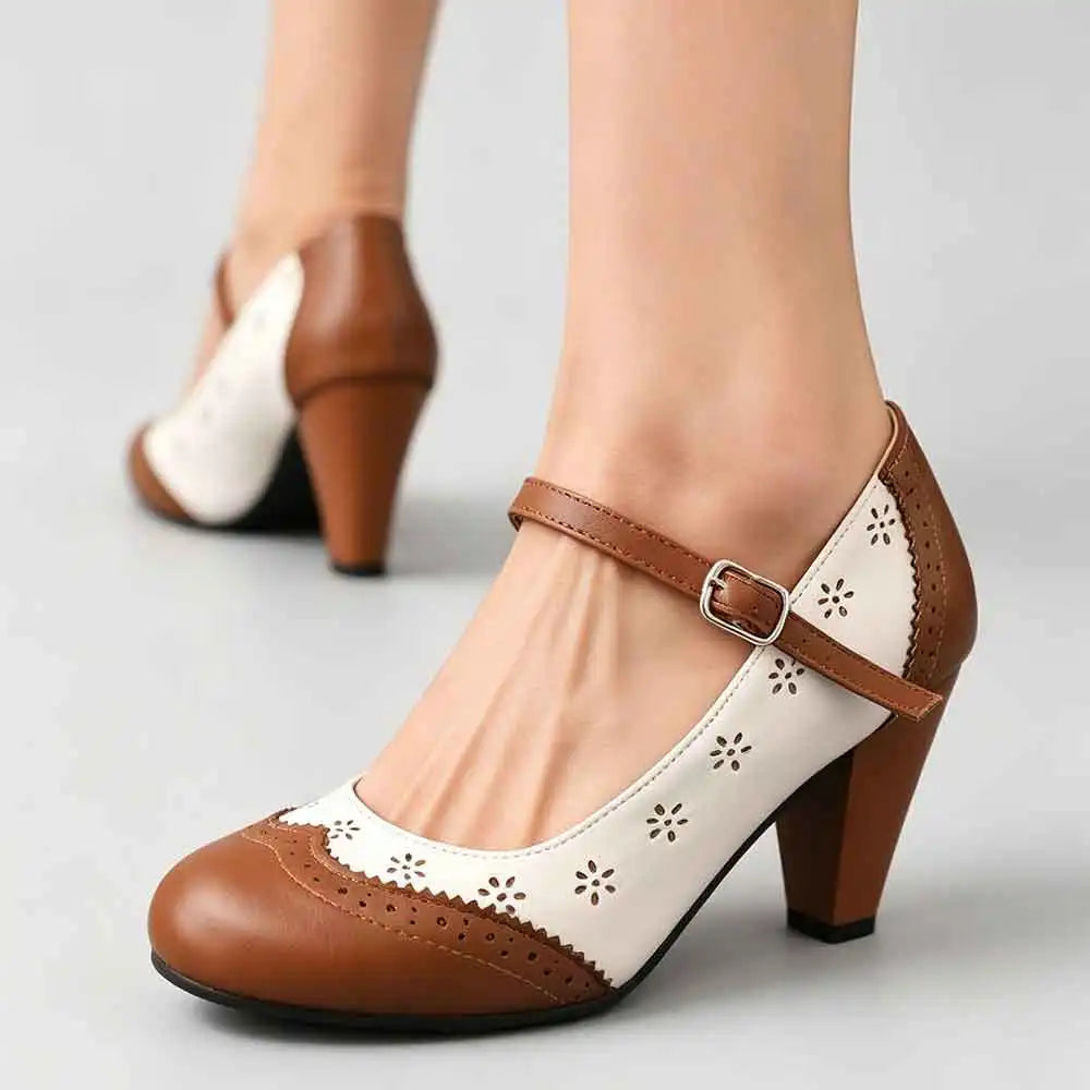 2026 Plus Size 48 Vintage Brown 7.5cm High Heels Mary Janes Pumps Retro Comfy Walk Summer Pink Office Lady Brogue Shoes Women