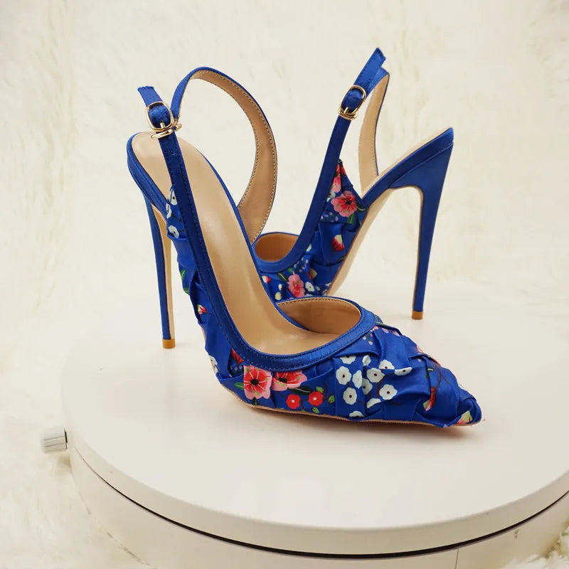 NoEnName_Null-Blue satin women's high heel sandals, dance, flowers, Silk patterned high-heeled shoes 12cmBanquet shoes