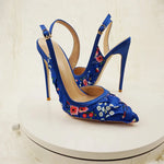 NoEnName_Null-Blue satin women's high heel sandals, dance, flowers, Silk patterned high-heeled shoes 12cmBanquet shoes
