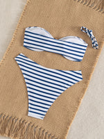 Sexy Blue Striped Micro Bikini 2026 Women Bandeau Front Metal Circle Push Up Bra High Waist Swimsuit Beach Bathing Suit Swimwear