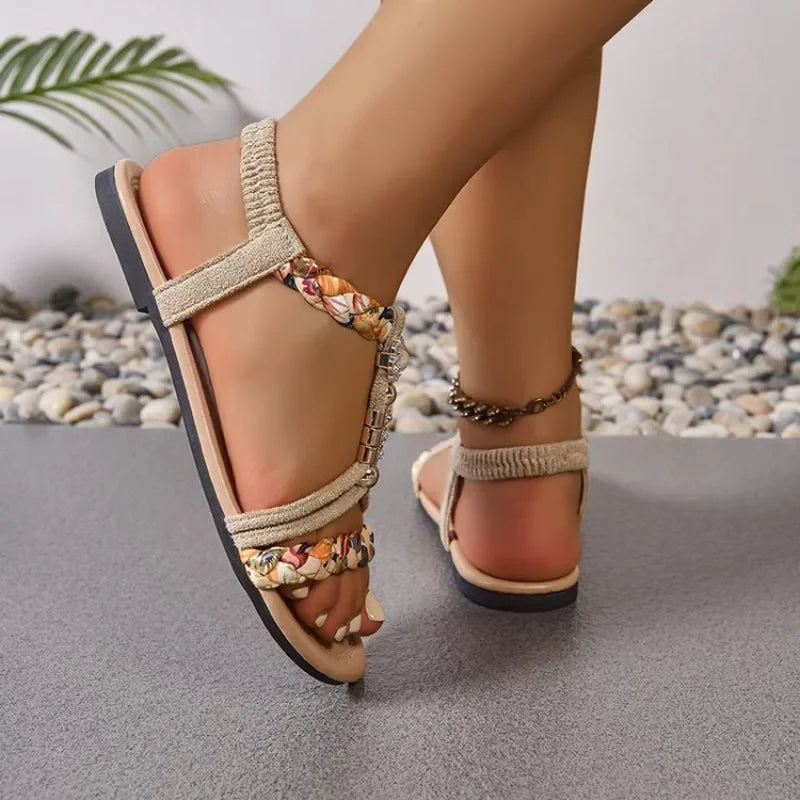 Women's fashionable round toe bohemian style one foot elastic band casual versatile flat sandals