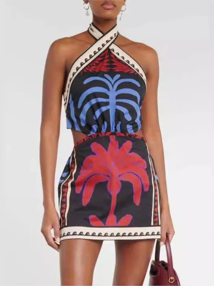 Bohemian Print Halter Neck Mini Dresses Women Sexy Backless Leace-up Beach Vacation Dress Fashion Beachwear Vestidos Summer New