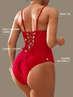 Vintage Red Black One Piece Swimsuit Women V Wire Underwire Slim Tummy Control Swimwear Beach Bandage Cross Back Bathing Suits