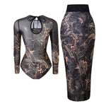 S - XXL Printed Long Sleeve With Sarong One Piece Swimsuit Women Swimwear Female Flowers Padded Bather Bathing Suit Swim K7181
