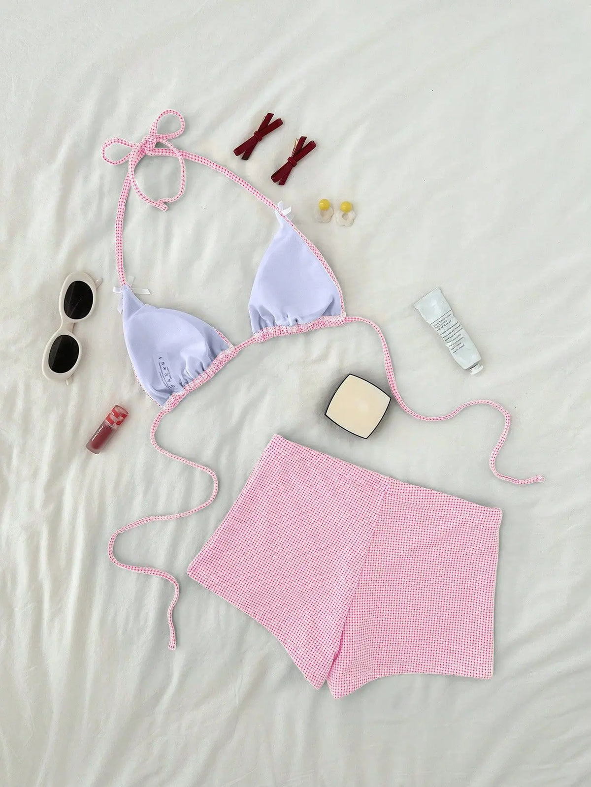 Sexy Blue Plaid Bikini Set 2026 Women Bow Strap Bandage Push Up High Waist Panties Swimsuit Beach Bathing Suit 2 Piece Swimwear