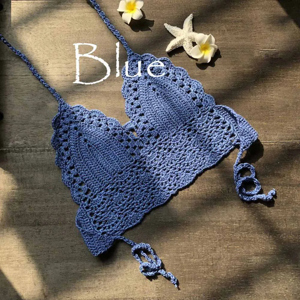 Sexy Crochet Crop Top Bikini Crop Top Women Crochet Boho Beach Camisoles Bikini Bralette Halter Cami Knitted Bra Backless