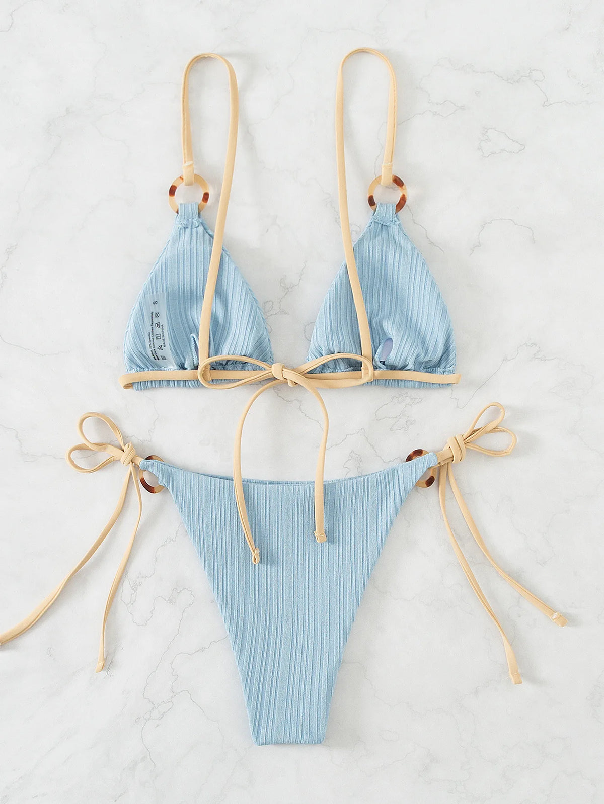 Sexy Rib Texture Triangle String Bikini Set Women Push Up Padded Thong Swimsuit Female Cut Out Bathing Suit Swimwear Biquini