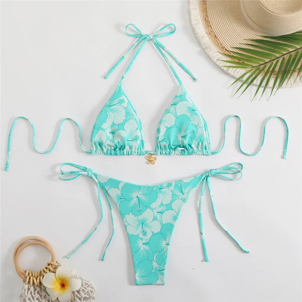 Sexy Rose Red Flower Print Micro Thong Bikini Women Swimwear 2026 String Halter Swimsuit Swimming Wear Triangle Bikinis Sets