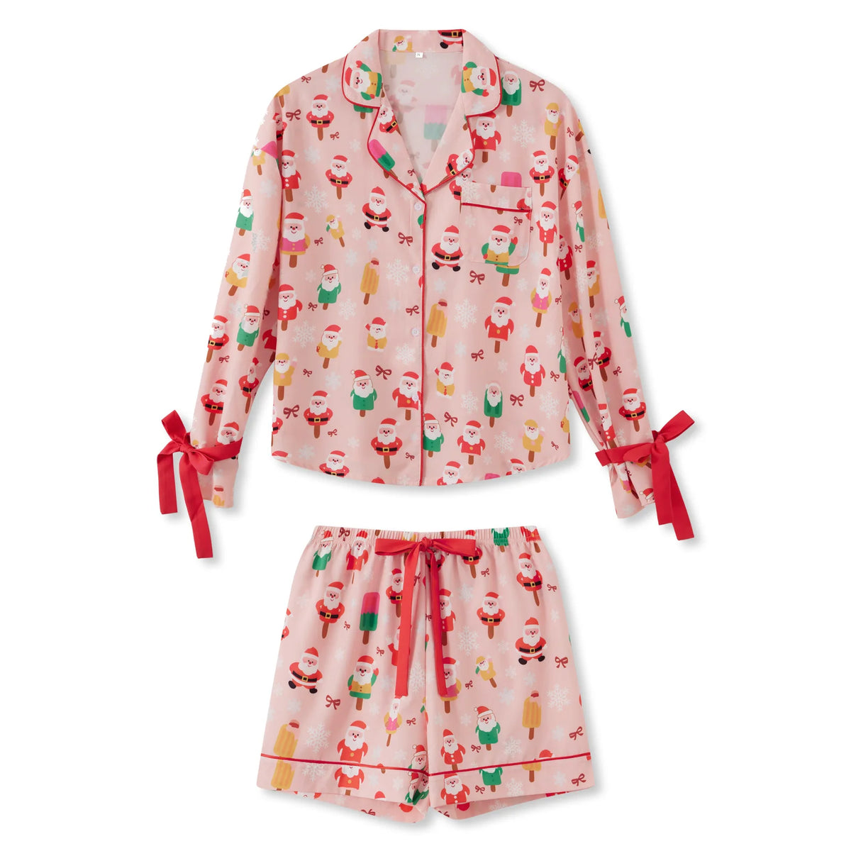 Women 2 Piece Christmas Pajama Set Santa Print Long Sleeve Button-up Tops and Elastic Waist Shorts Satin Fall Sleepwear