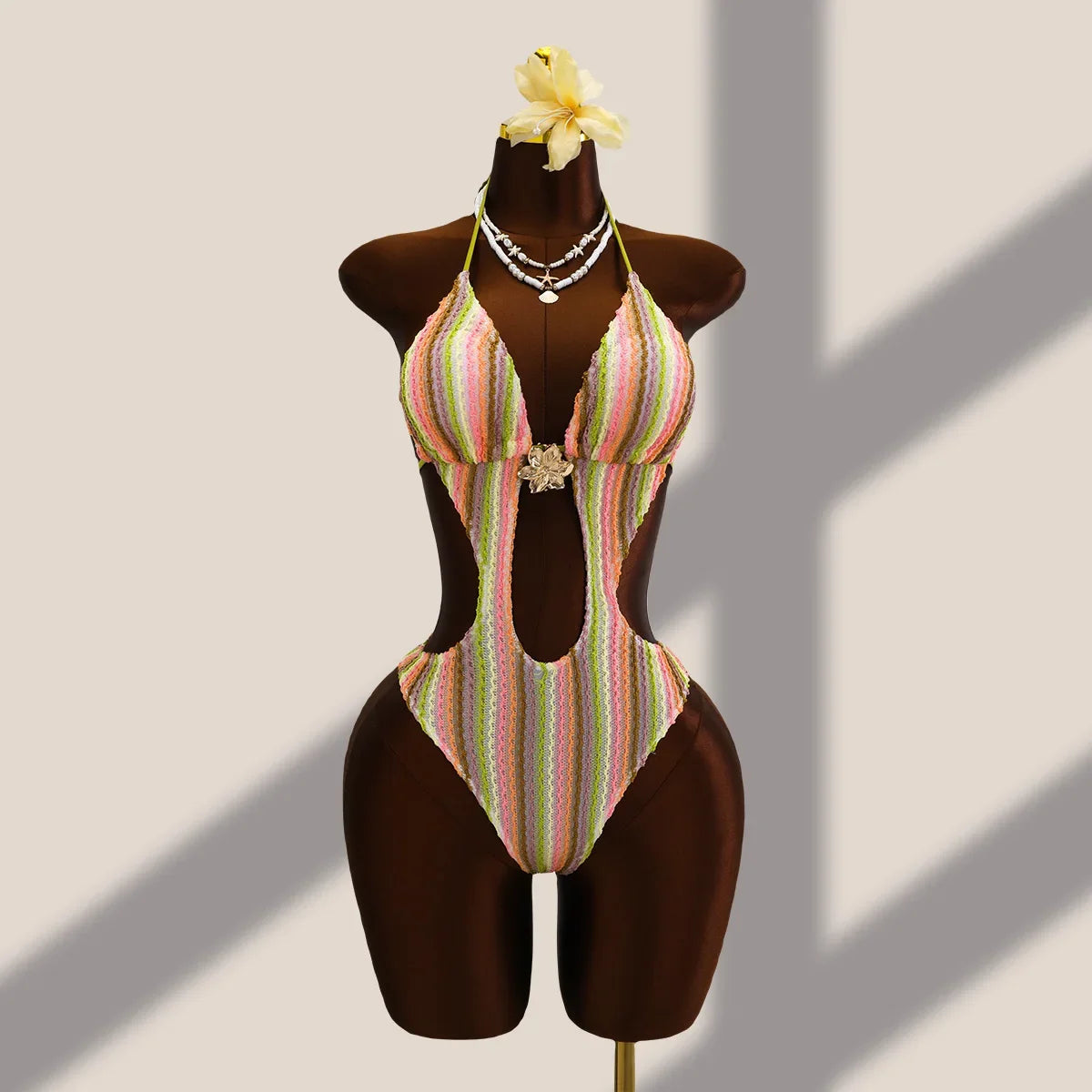 Vintage Black Striped One Piece Swimwear Women 2026 3D Metal Flower Hollow Out Backless Beach Holiday Bathing Suit Swimsuit