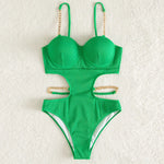 Sexy Push Up Underwire One Piece Swimsuit Women Solid Pink Metal Chain Hollow Out Ribbed Bathing Suit Backless Swimwear Monokini
