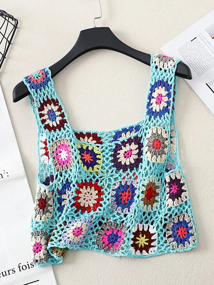 Summer Women Flower Crochet Vest Sleeveless Cover-ups Hollow Out Knit Crop Tops Bohemian Casual Daily Beach Tank Tops
