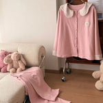 Autumn Winter Women Sleepwear, Solid Color Dralon Pajama Set, Soft Warm Doll Collar Long Sleeve & Long Pants Home Loungewear