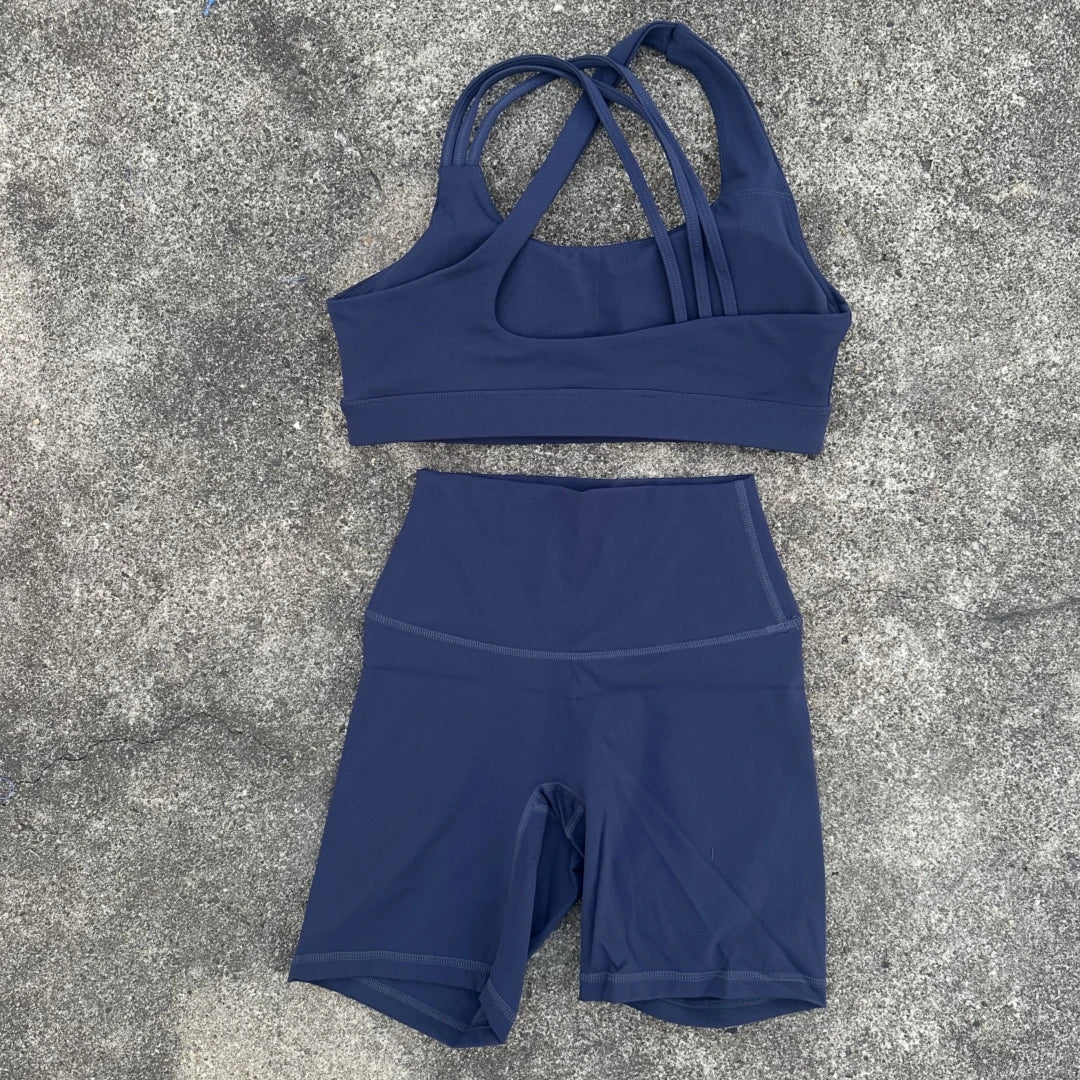 Solid Color Soft Tight Women Gym Yoga Short Legging Cycling Set High Impact Cross Back Shoulder Strap Fitness Sports Bra Workout