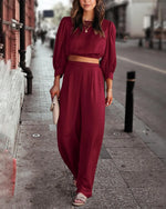 Women's 2 Piece Lounge Set Satin Outfits Fall Casual Long Puff Sleeve Crop Tops Loose Wide Long Pants