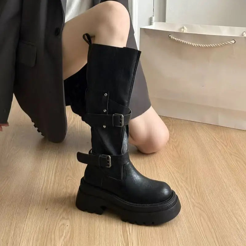 2026 New Vintage Thick Bottom Woman Knee High Boots Fashion Belt Buckle Zippers Shoes Female Knight Long Booties Shoes