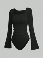 Women's Solid Color Ruffle Hem Flare Long Sleeve Bodysuit Autumn Winter 2024 Round Neck Plain Ruched Slim Fit Romper Top