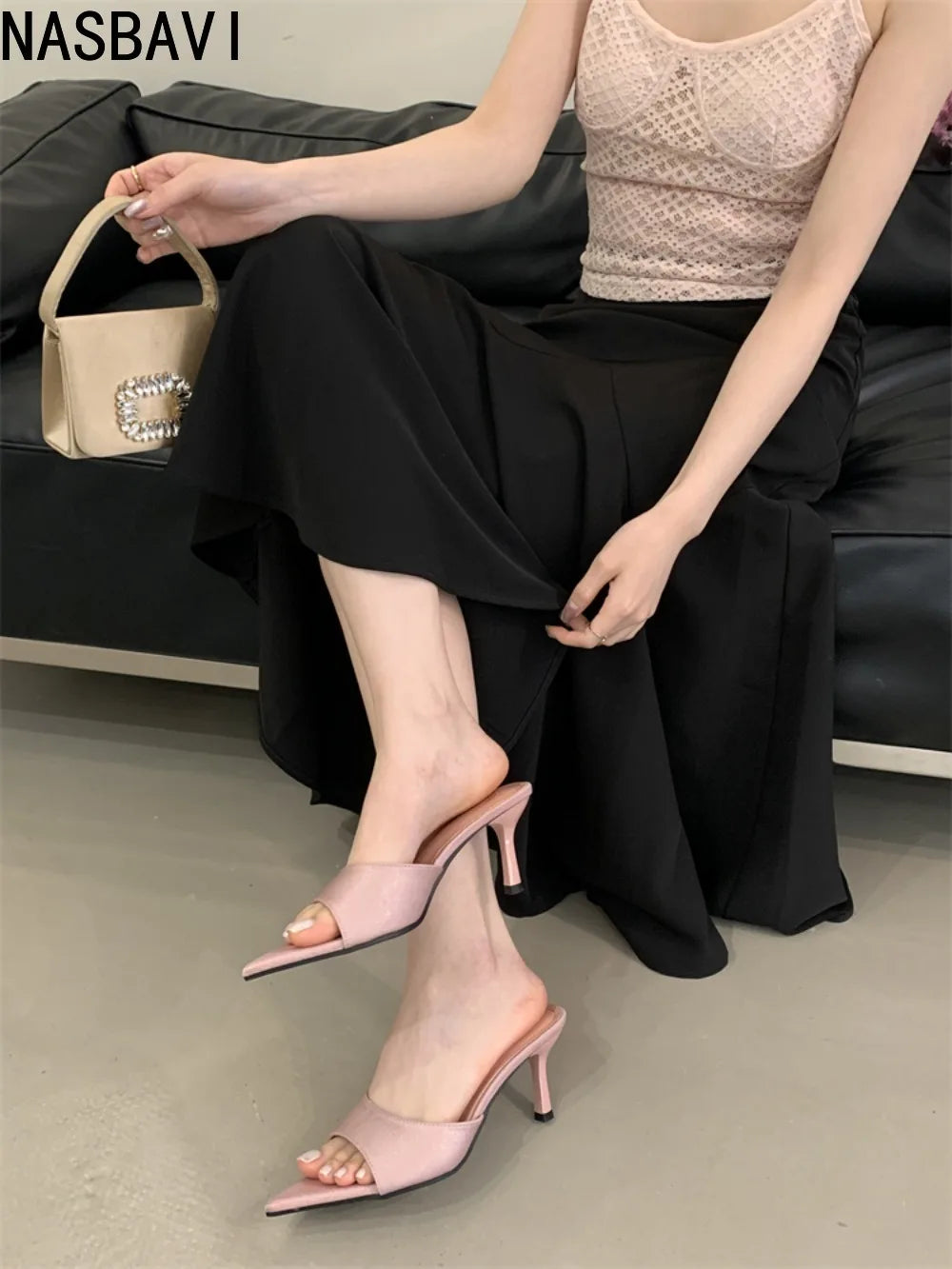Ladies French Office OL High-heeled Slippers Shoes Fashion Pointed Sexy Women Open Toes Stripper Slides New 2026 Sandals Yellow