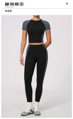 Nake Yoga Set Women's Tracksuit Color Contrast Short Sleeve Slim Sports T Shirts High Waist Leggings Fitness Clothes Gym Outfits