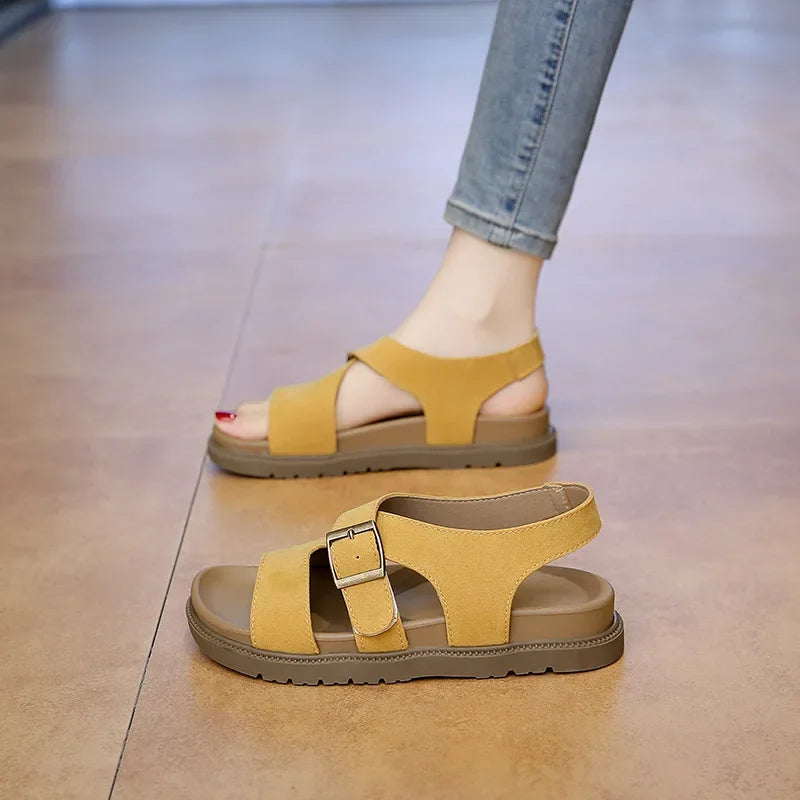 Women Sandals Summer New Solid Color Open Toe Flat Casual Slippers Buckle Fashion Outdoors Beach Sandals Sandalias De Mujer
