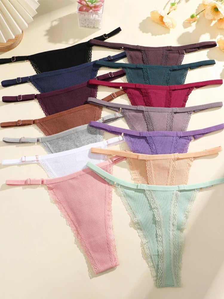 4Pcs Cotton Lace Panties Sexy G-String Women's Underwear Low Waist Comfortable Lingerie Briefs Adjustable Waist Thong Intimates