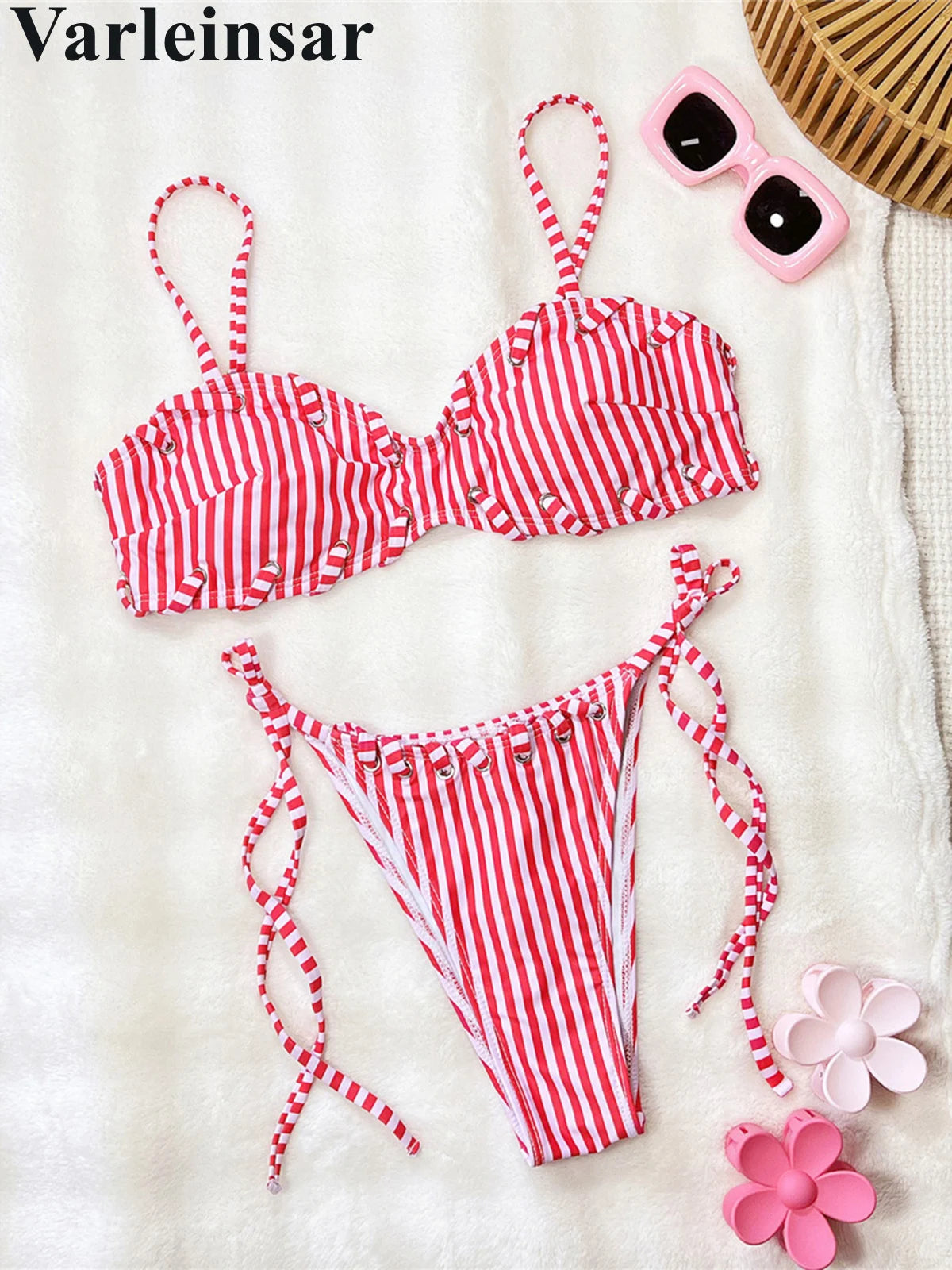 Striped Strappy Bikini Women Swimwear Female Swimsuit Two-Pieces Bikini Set High Leg Cut Padded Bather Bathing Suit Swim V8261