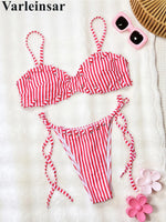 Striped Strappy Bikini Women Swimwear Female Swimsuit Two-Pieces Bikini Set High Leg Cut Padded Bather Bathing Suit Swim V8261