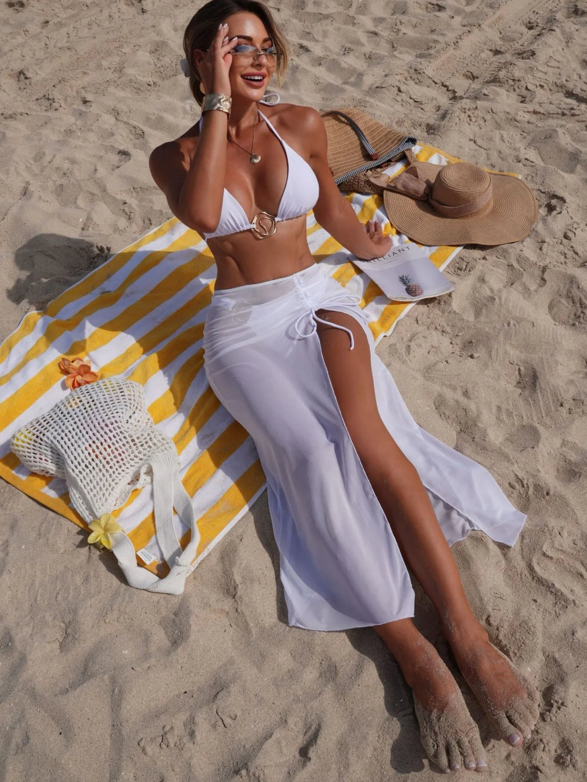 Sexy Black Mesh Long Skirt 3 Piece Bikini Set Women White Metal Ring Linked Push Up Bra Swimsuit Holiday Bathing Suits Swimwear