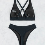 Solid Color Black Swimsuit for Women 2026 Summer High Waist 2-piece Bikini Set Beach Bathing Suit Bandage Vacation Swimwear