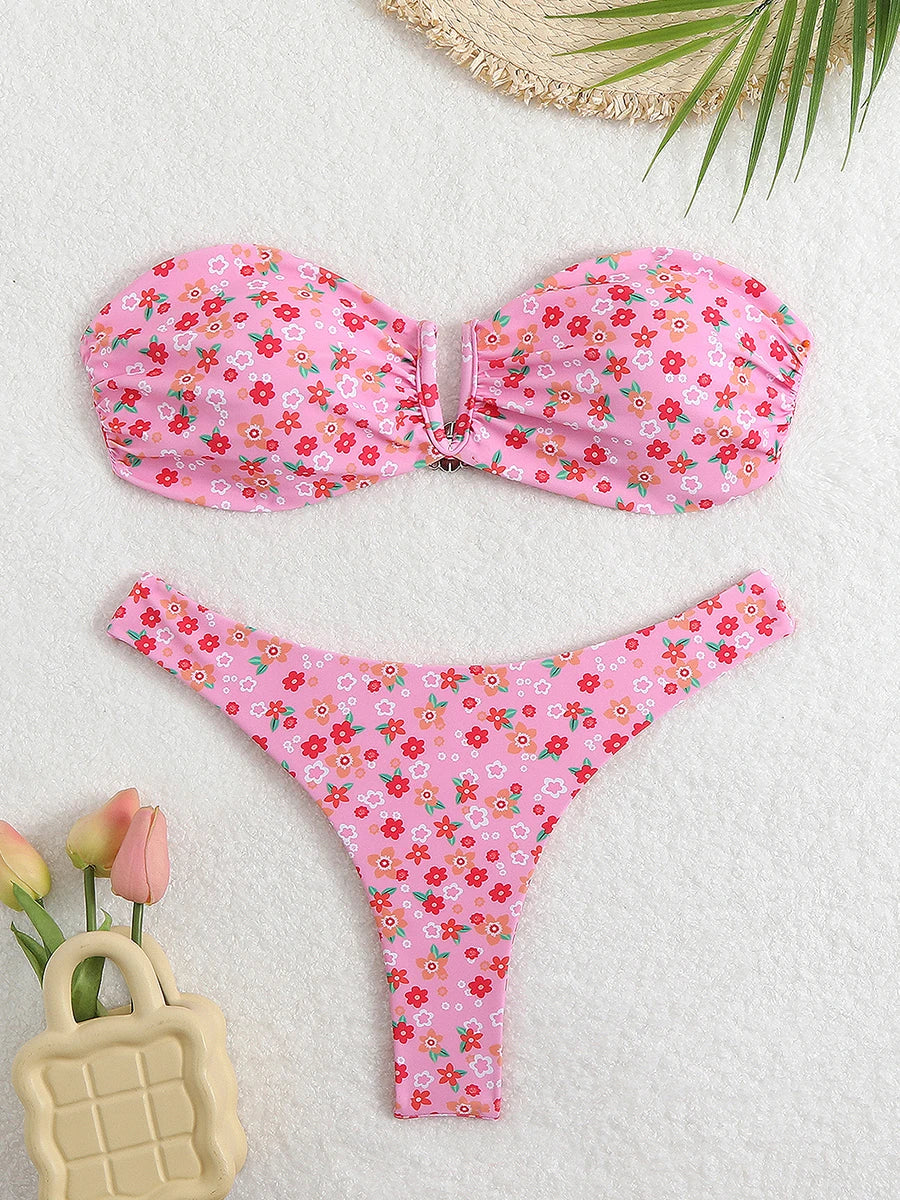 Floral Bandeau Thong Bikini 2025 Sexy Swimsuit Women Brazilian Swimwear Female Bathers Bathing Swimming Swim Suit Beachwear
