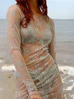 Women See Through Lace Dress Long Sleeve High Slit Dress Summer Sexy Club Beach Dress Swimwear Cover-ups
