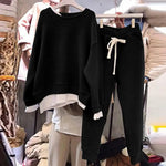 2 Pcs/Set Women Sweatshirt Pants Set Fake Two-piece Crew Neck Loose Elastic Waist Drawstring Casual Women Autumn Tracksuit