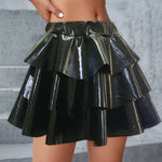 Women's Gold Metallic Tiered Mini Skirt Elastic High Waist Shiny Pu Ruffle Hem Party Skirts Dance Performance Festival Outfits