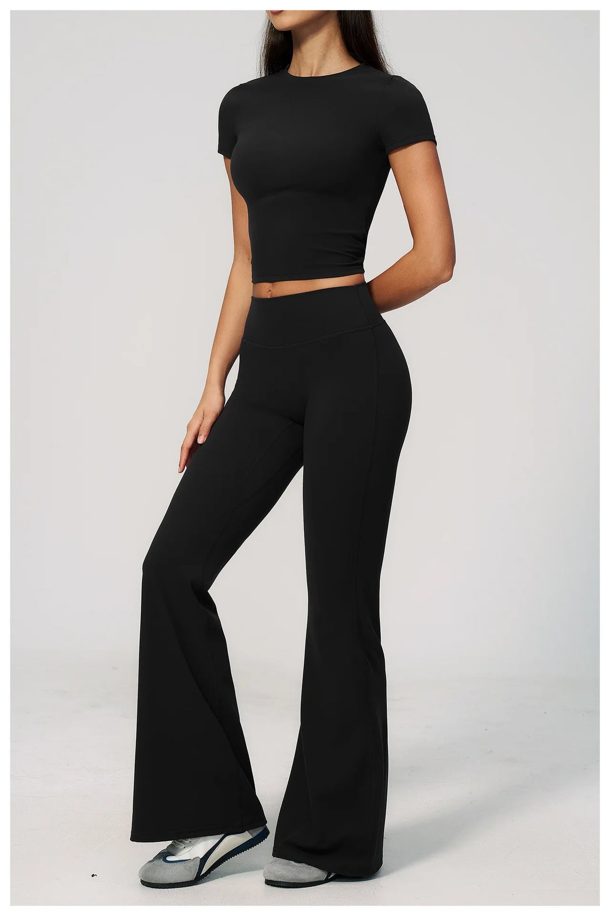 Creamy 2 Pieces Workout Suit Women Yoga Outfits Short Sleeve O Neck Slim Sports T Shirts High Waist Flare Pants Gym Fitness Sets
