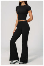 Creamy 2 Pieces Workout Suit Women Yoga Outfits Short Sleeve O Neck Slim Sports T Shirts High Waist Flare Pants Gym Fitness Sets