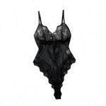 Black Sheer Mesh Teddy Bodysuit Women Floral Lace V Neck Ruffle Trim One Piece Lingerie Intimate Body Suit Sleepwear ZA825256