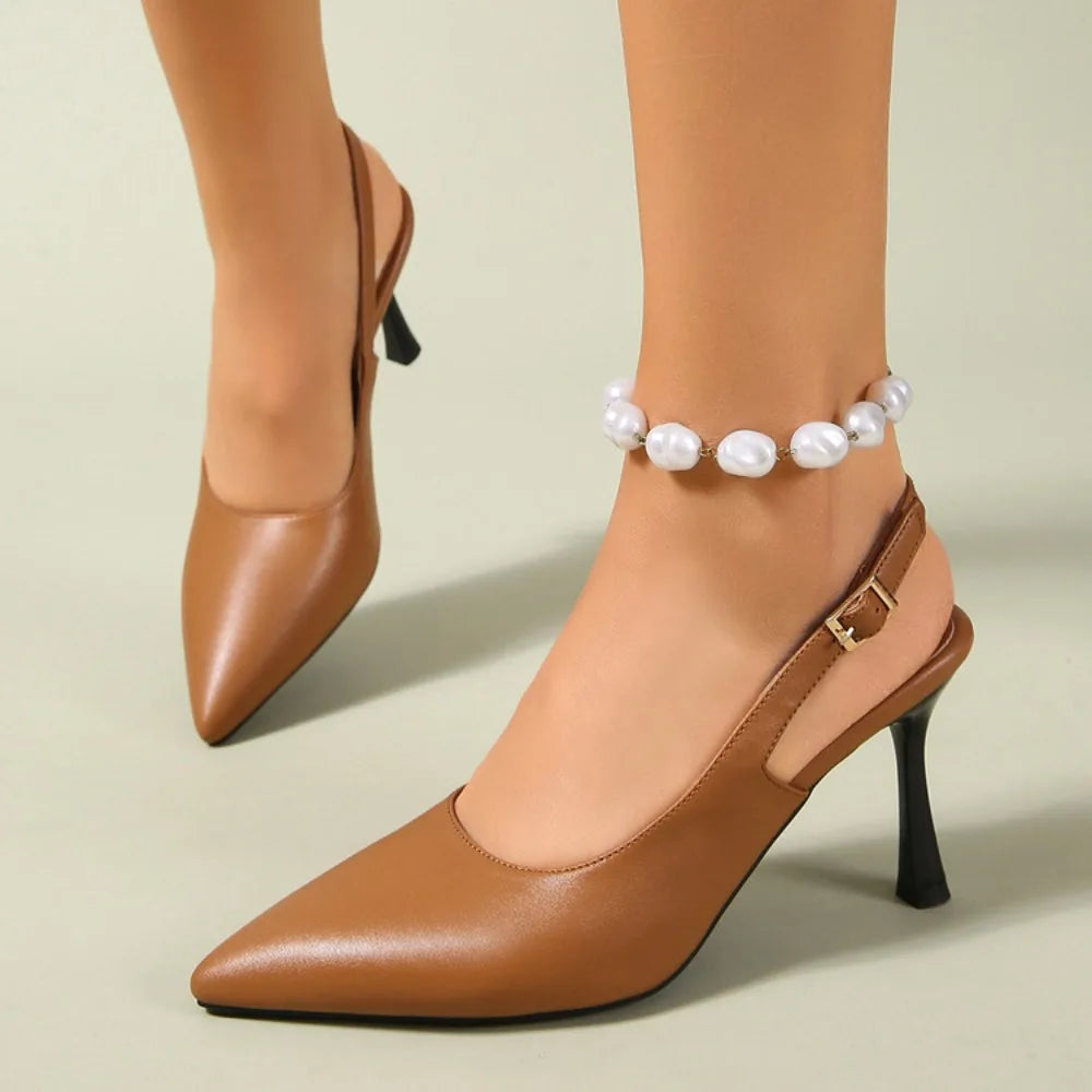 Elegant Women Sandals Pointed Toe 8cm Thin High Heels Sandals Back Buckle Strap Soft Single Party Dress Shoes Big Size 34-45 New