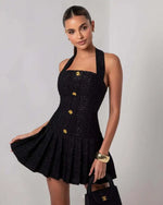 Temperament Elegant Women's Halter Neck Dress Solid Color Braid Fabric Pleated Short Dresses Socialite Commuting Style Vestidos