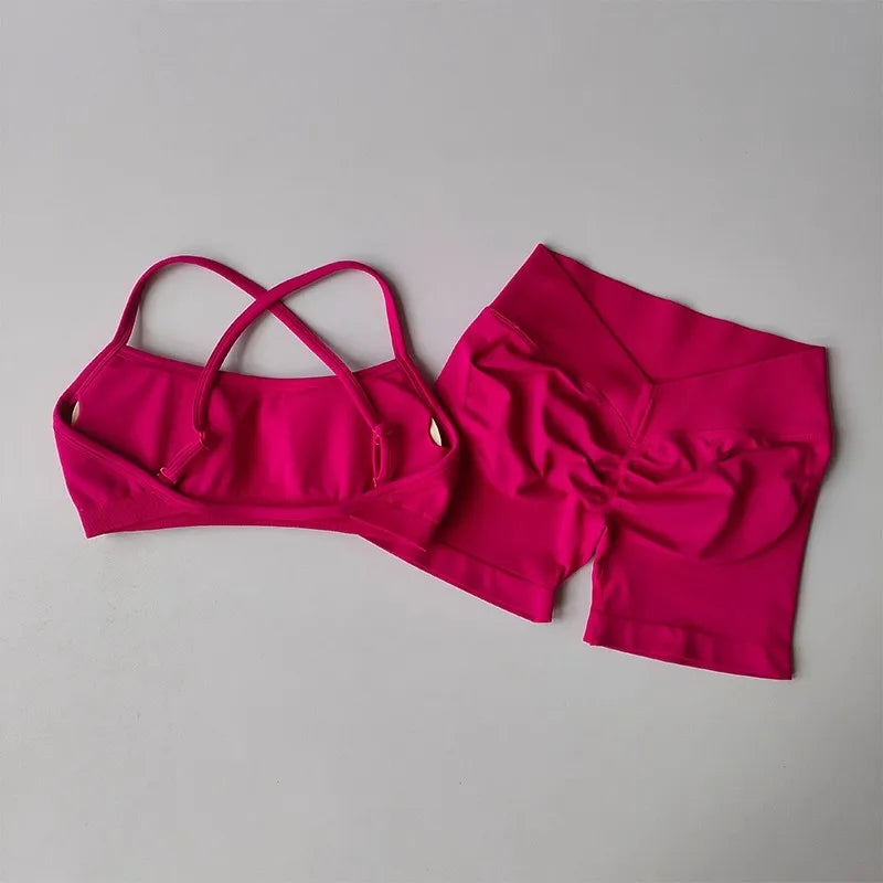 Seamless 2PCS Leggings Set Women Seamless Yoga Set High Waist Scrunch Butt Shorts With Halter Sports Bras Workout Gym Suit Set