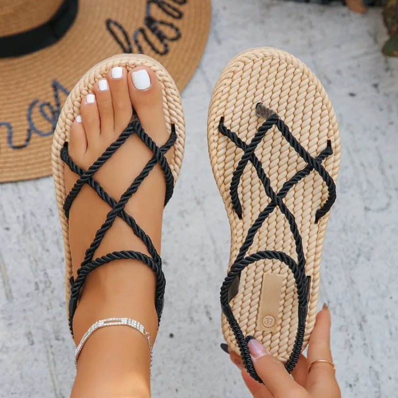 Women Shoes 2026 Summer Weave Non Slip Cross Tied Women Roman Sandals Womens Closed Toe Peep Toe Lightweight Beach Sandals